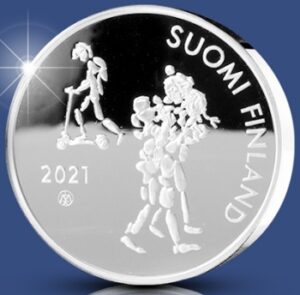 Anverso de la moneda de plata dedicada al centenario de la Ley de Enseñanza Obligatoria de Finlandia