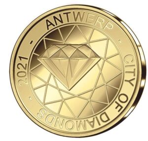 Anverso de la moneda de oro dedicada a Amberes, la ciudad de los diamantes