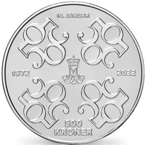 Reverso de la moneda de plata dedicada al 50 aniversario del acceso al trono de Margarita de Dinamarca